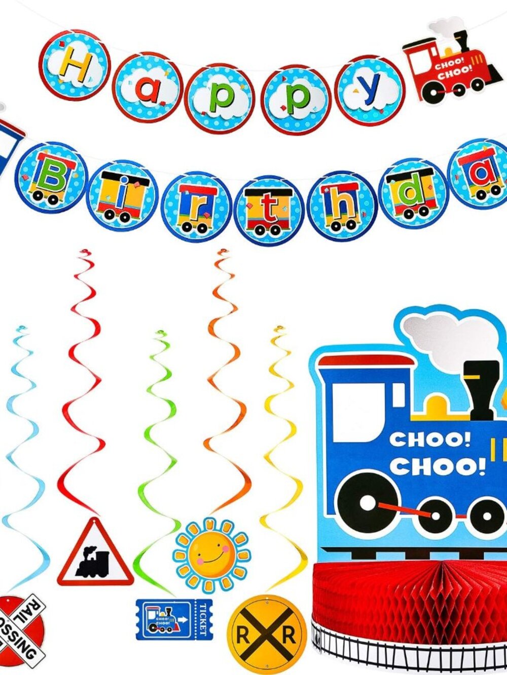 Train Birthday Party Banner Decorations Set, Happy Birthday Banner Railroad Stea